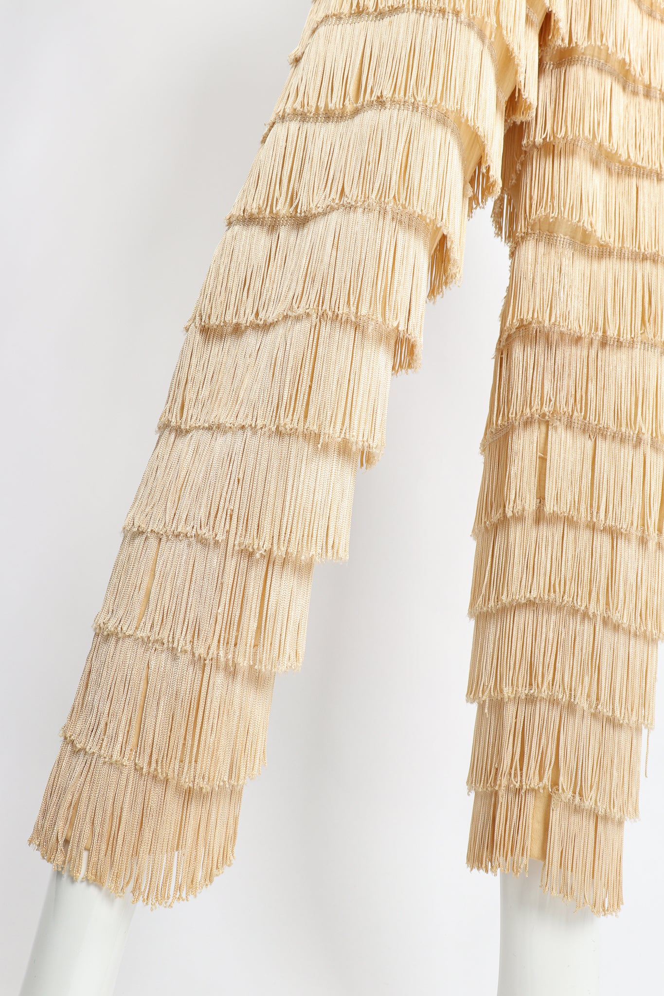 Vintage Zolot Wedding Bridal Ecru Fringed Top & Pant Set on Mannequin leg crop at Recess LA