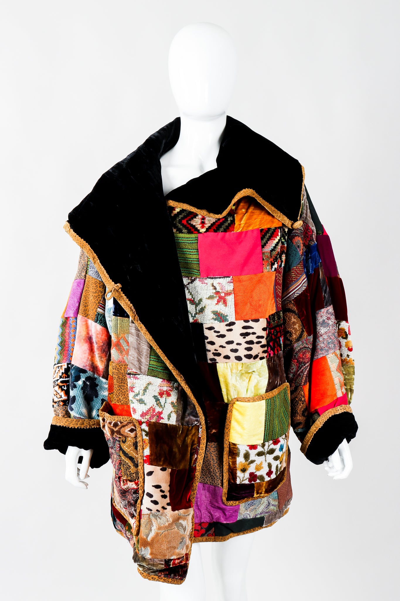 Vintage Zuzka Patchwork Shawl Collar Wrap Coat on Mannequin front collar, at Recess Los Angeles