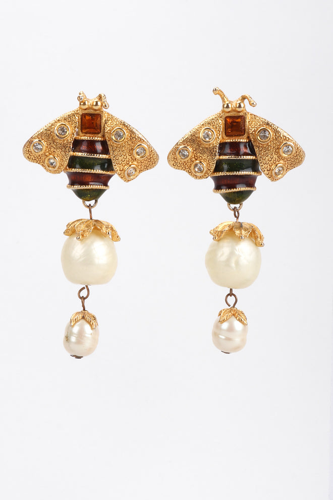 Recess Los Angeles Vintage Yosca Bee Pearl Drop Earrings Yellow Enameled Body Dotted Rhinestone Wings 