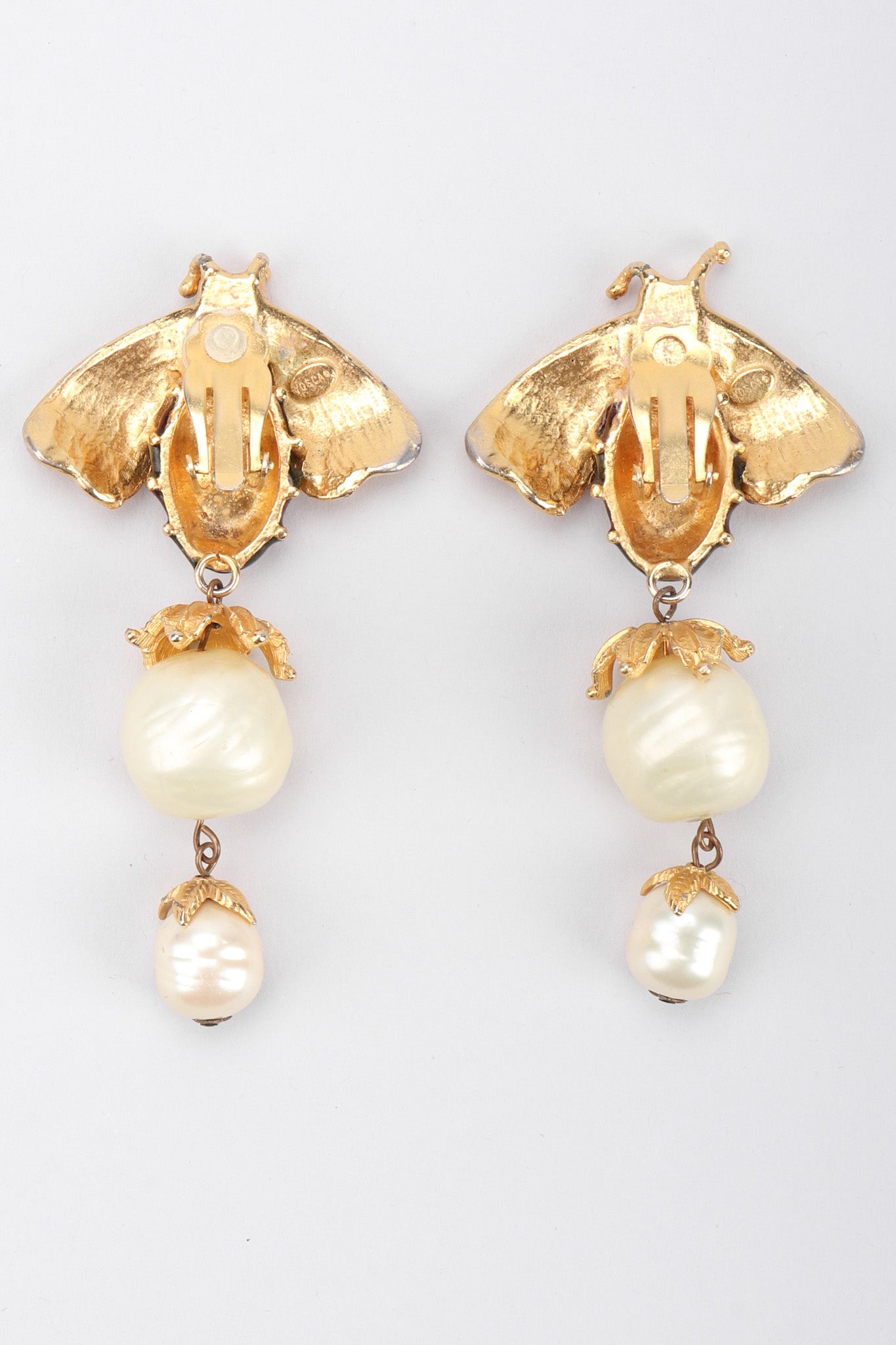 Recess Los Angeles Vintage Yosca Bee Pearl Drop Earrings Yellow Enameled Body Dotted Rhinestone Wings 