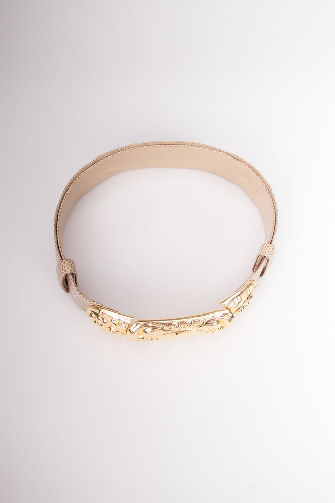 Judith Leiber Scrolled Statement Baroque Buckle Lizard Belt