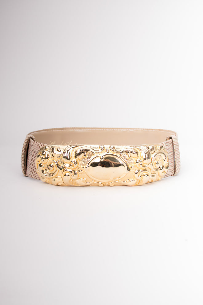 Judith Leiber Scrolled Statement Baroque Buckle Lizard Belt