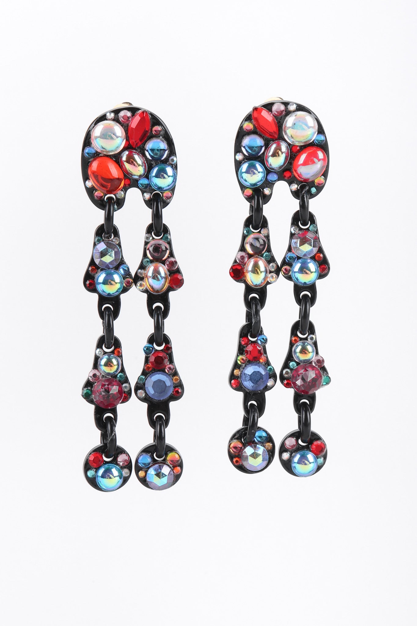 Recess Los Angeles Vintage Bill Schiffer Abstract Beaded Dangle Black Earrings Rhinestone Multicolored