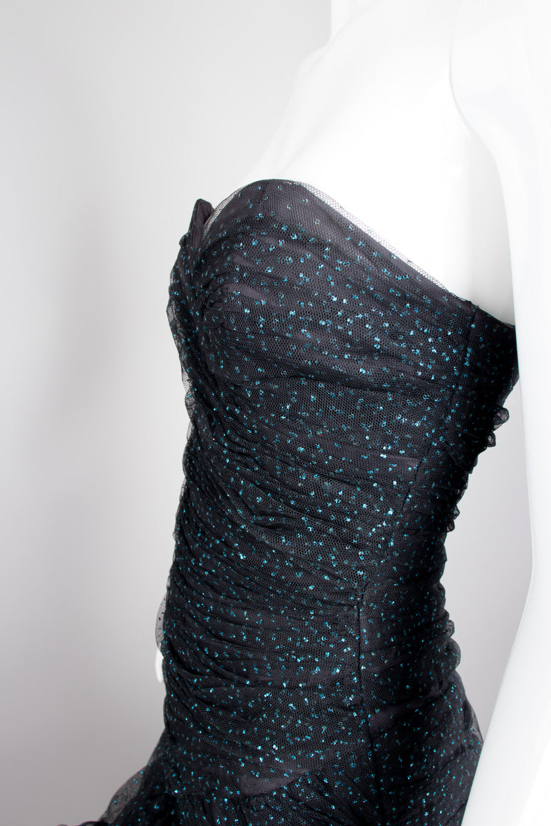 Brunetta Midi Dress - Strapless Mesh Dress in Retro Swirl