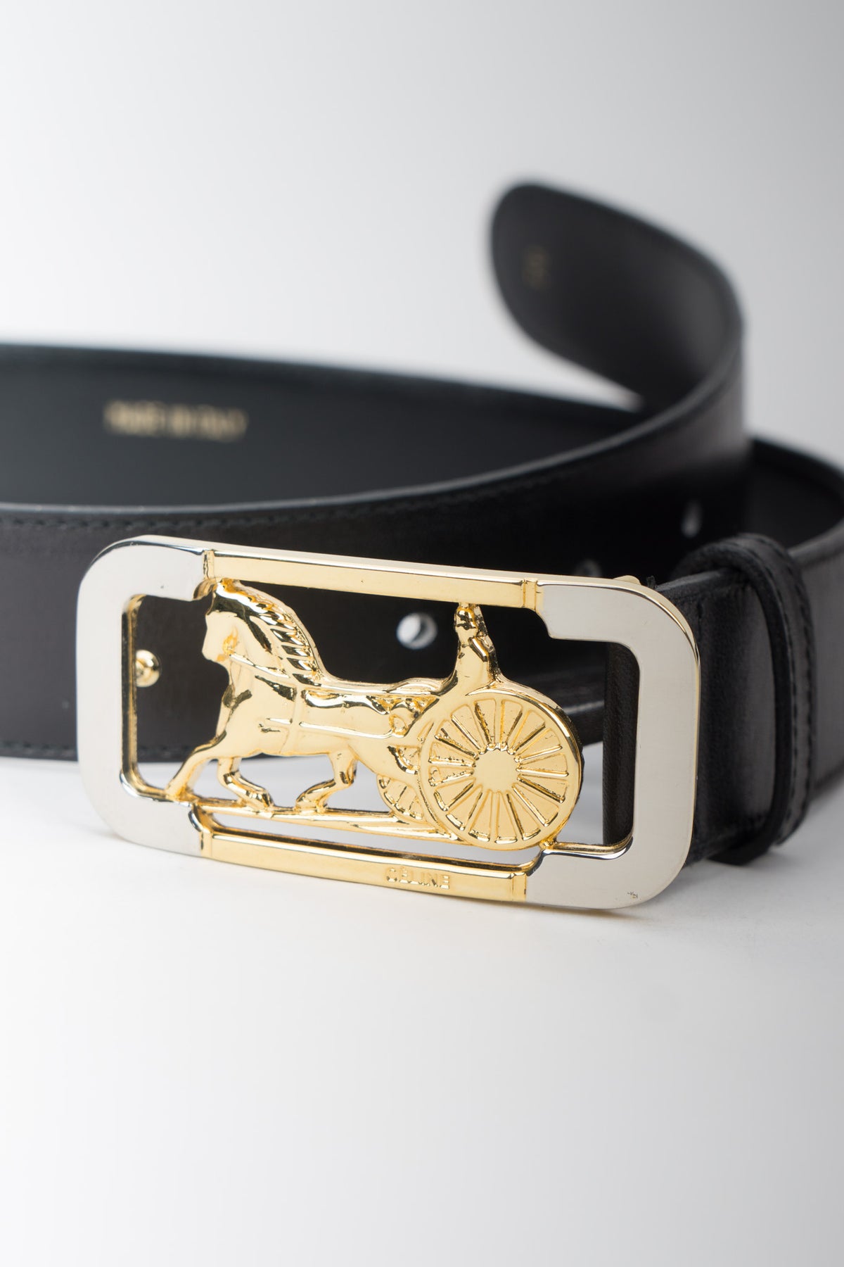 小物 Vintage Celine Gold Carriage Buckle Belt Celine Belt Carriage Gold Buckle Genuine Leather Black