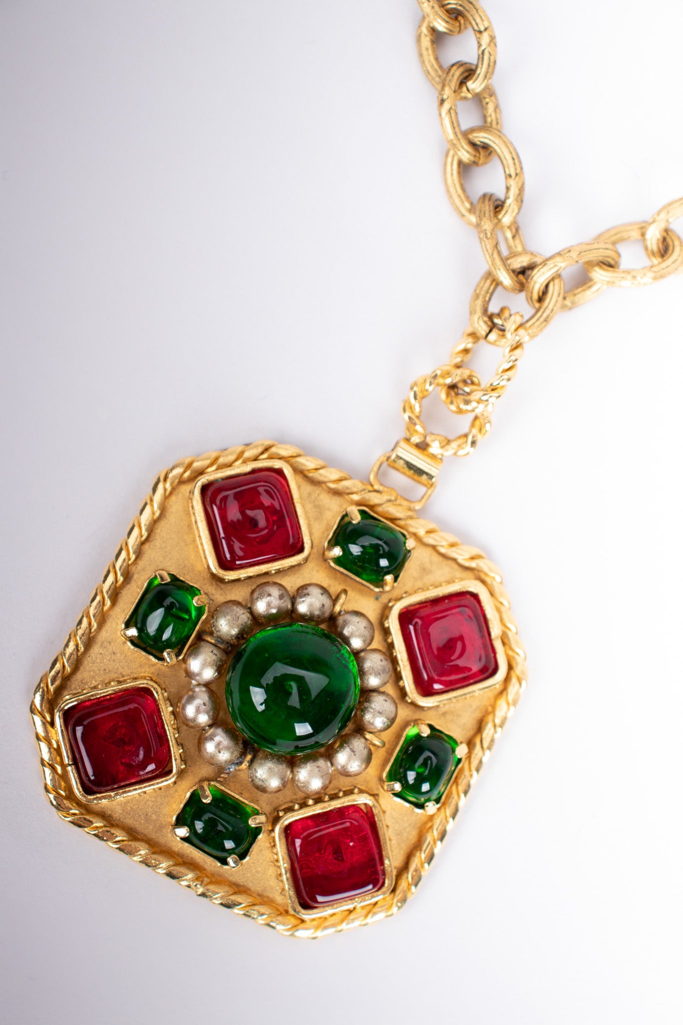 Chanel 2005 Gripoix Ruby Emerald Cabochon Medallion Pendant Necklace