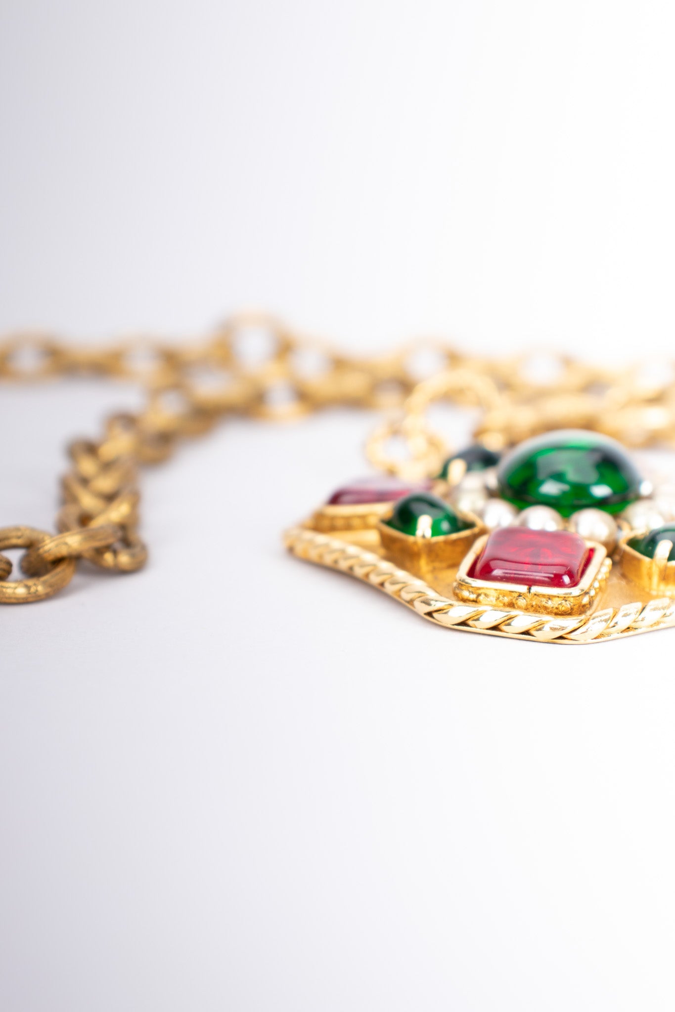 Chanel Gripoix Ruby Emerald Cabochon Medallion Pendant Necklace