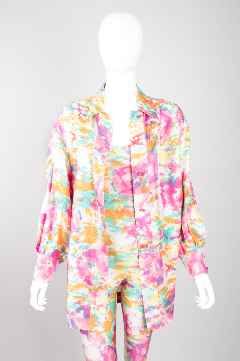 Chanel Boutique Watercolor Spandex  Unitard Jumpsuit & Silk Shirt Set