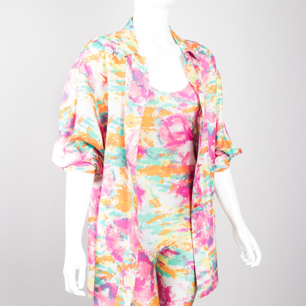 Chanel Boutique Watercolor Spandex Unitard Jumpsuit & Silk Shirt