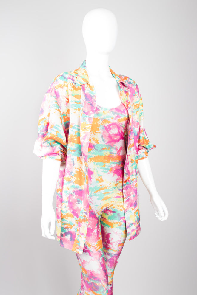 Chanel Boutique Watercolor Spandex  Unitard Jumpsuit & Silk Shirt Set