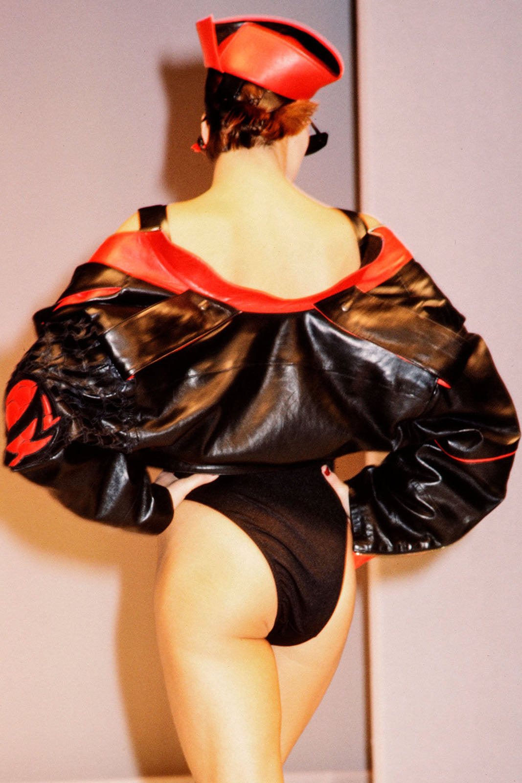 Vintage Claude Montana 1984 S/S Runway Leather Moto Jacket on model at Recess Los Angeles