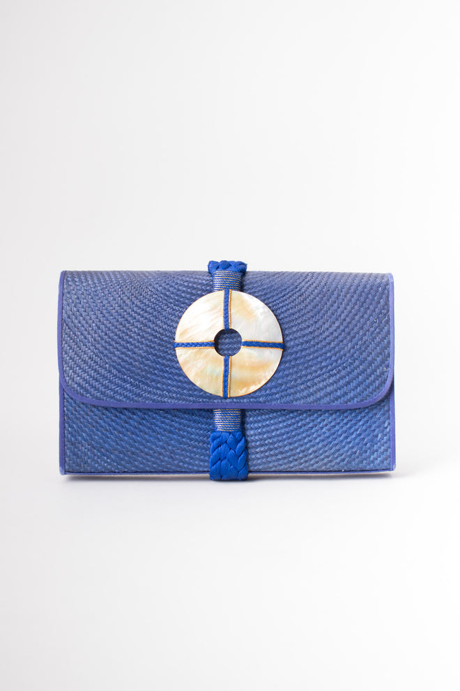Cora Jacobs Midnight Blue Shell Straw Envelope Clutch Purse