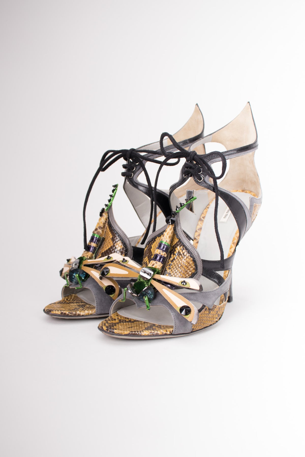 Miu Miu Snakeskin Embellished Dragonly Heels – Recess