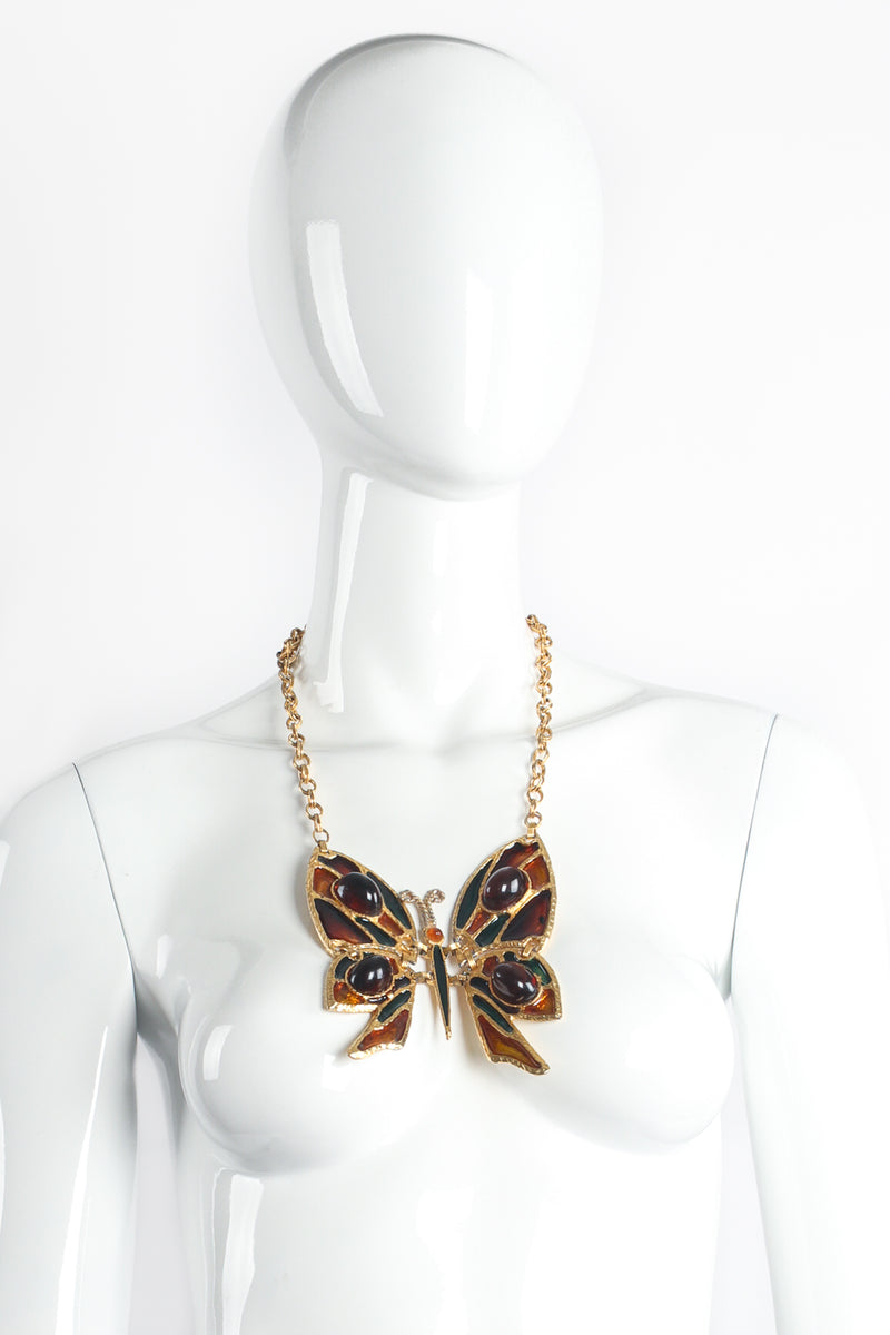 Vintage Artisanal Enamel Butterfly Plate Necklace on Mannequin Front at Recess LA