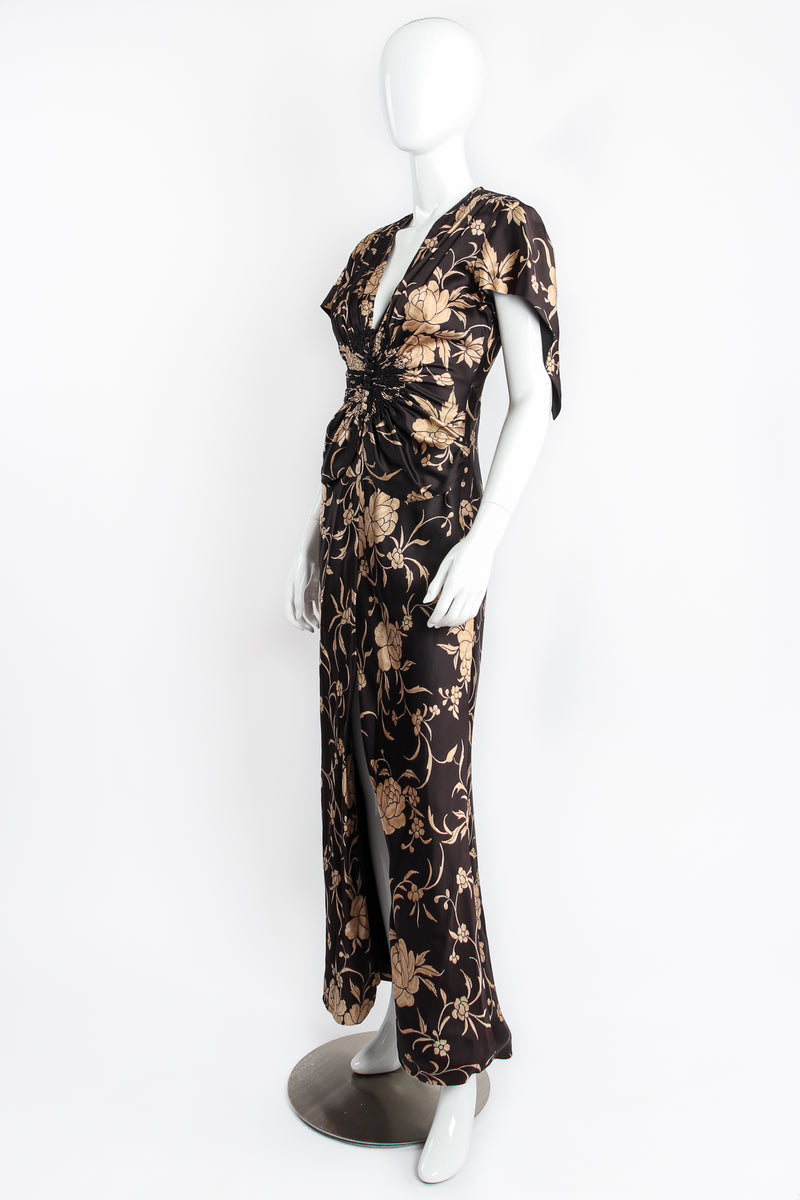 Vintage John Galliano Floral Satin Smocked Waist Dress on Mannequin angle at Recess Los Angeles