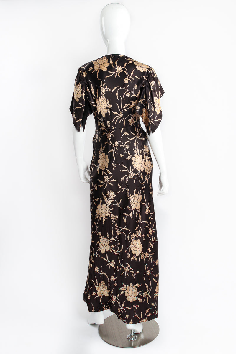 Vintage John Galliano Floral Satin Smocked Waist Dress on Mannequin back at Recess Los Angeles
