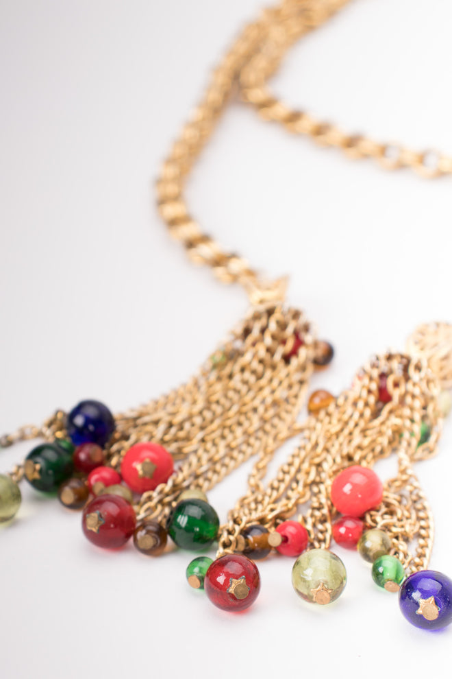 Vintage Triple Link Chain Glass Bead Tassel Wrap Necklace Belt