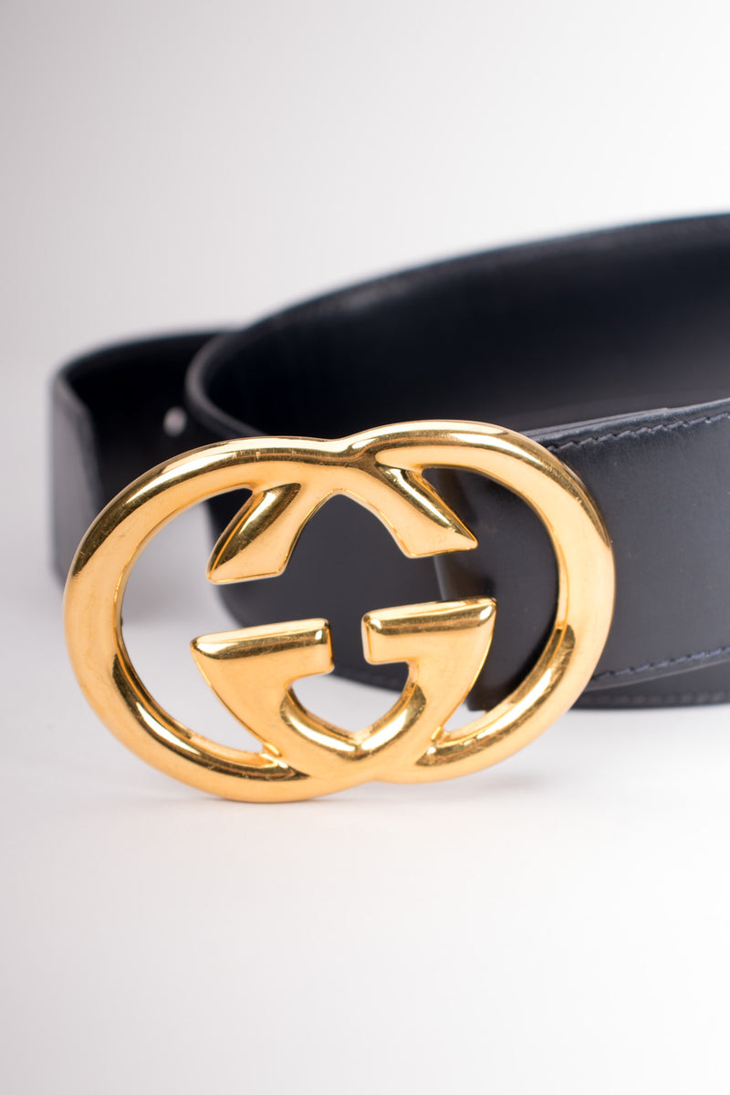 Gucci Navy Blue Leather GG Logo Buckle Belt 80CM Gucci