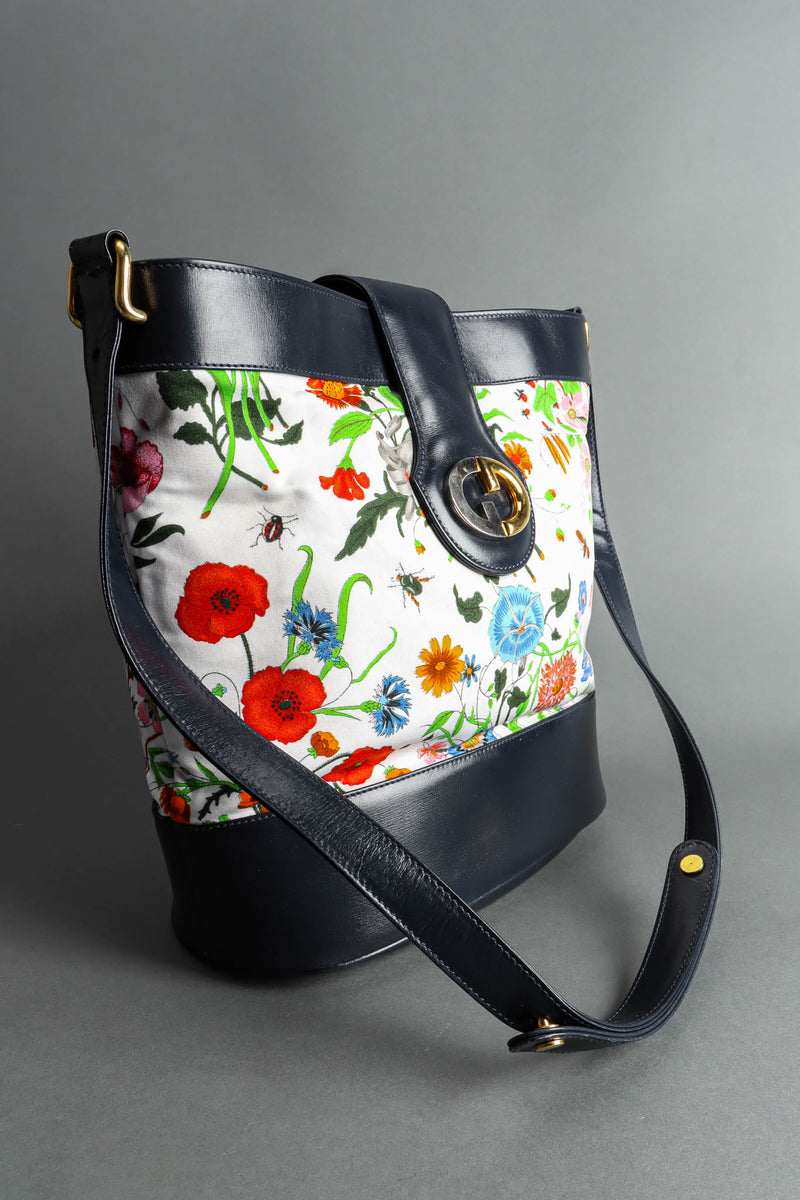 Vintage 1980 Gucci Flora Bucket Shoulder Bag angle @ Recess LA