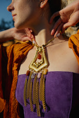 Vintage Goldette Fringe Plate Amulet Necklace on model at Recess Los Angeles