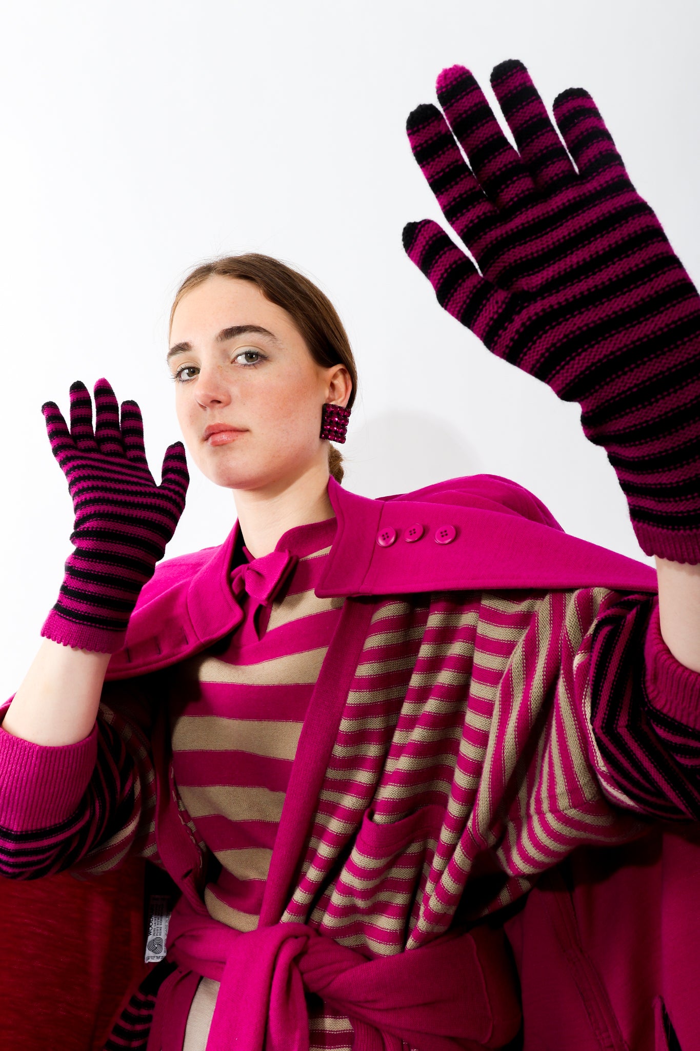 Girl wearing Vintage Sonia Rykiel striped sweaters and Fuchsia Stripe Knit Gloves