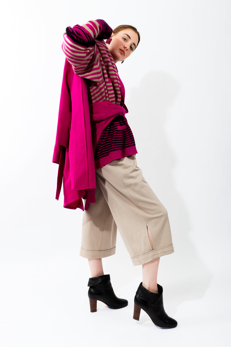 Girl wearing Vintage Sonia Rykiel Taupe Knit Cropped Trouser with fuchsia coat and sweater