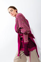 Girl wearing Vintage Sonia Rykiel Fuchsia Stripe Boyfriend Cardigan, gloves, and tan pants