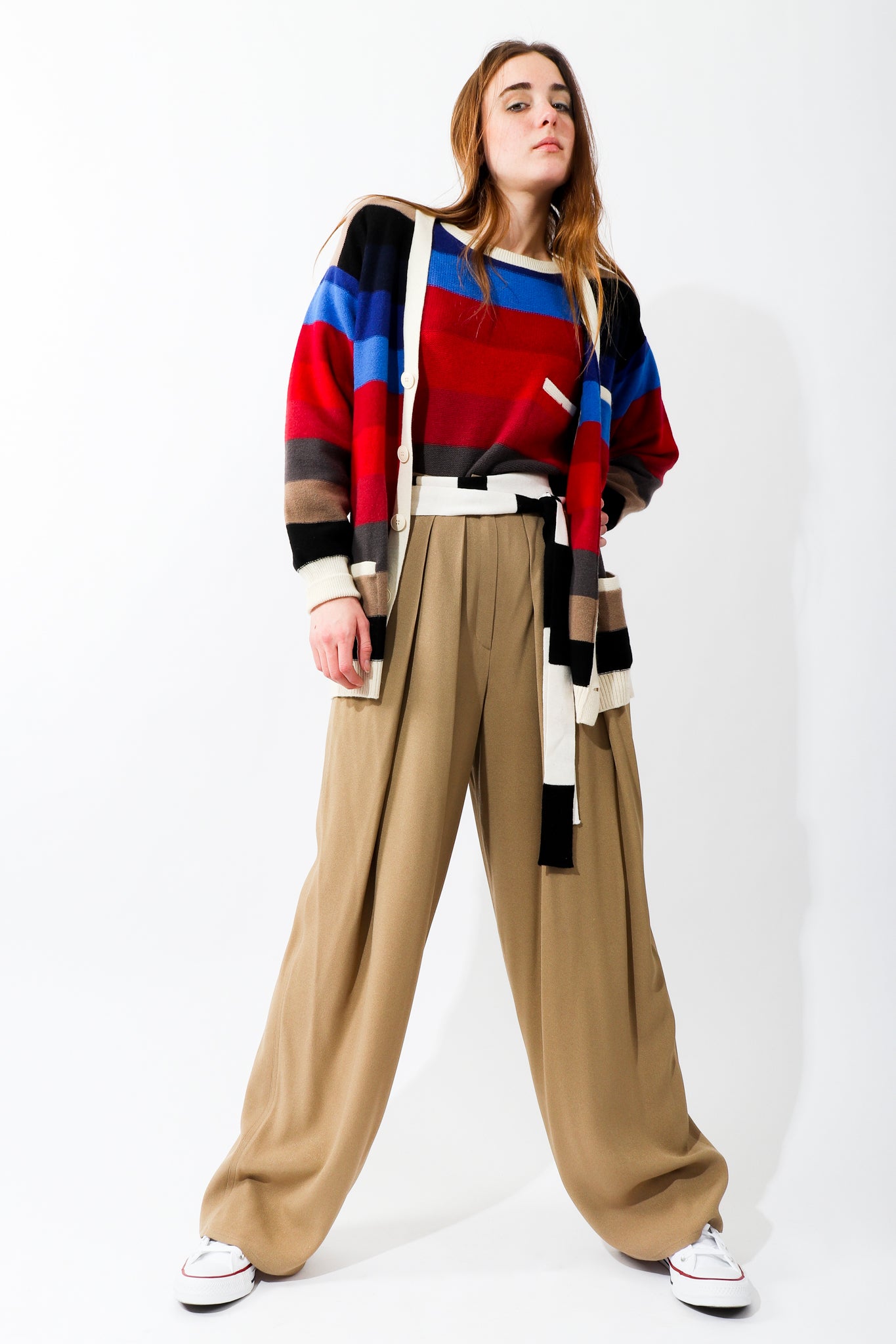 Girl wearing Vintage Sonia Rykiel Ombré Striped Knit Cardigan and sweater with taupe pant