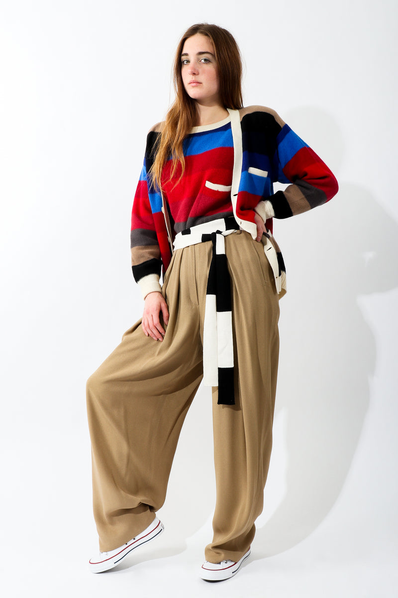 Girl in Vintage Sonia Rykiel Taupe Pleated Crepe Pant with striped sweaters
