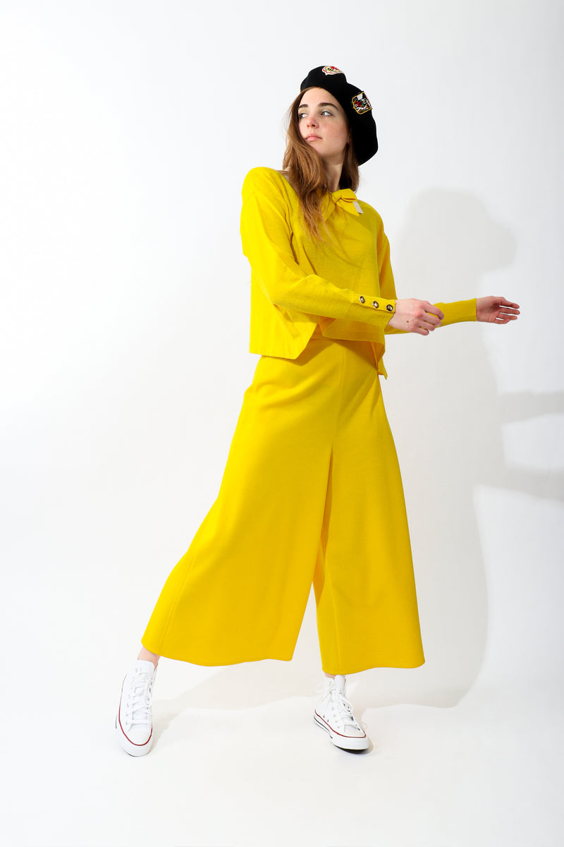 Girl in Vintage Sonia Rykiel Yellow Knit Gaucho Pant and Yellow Knit Collared Swing Top