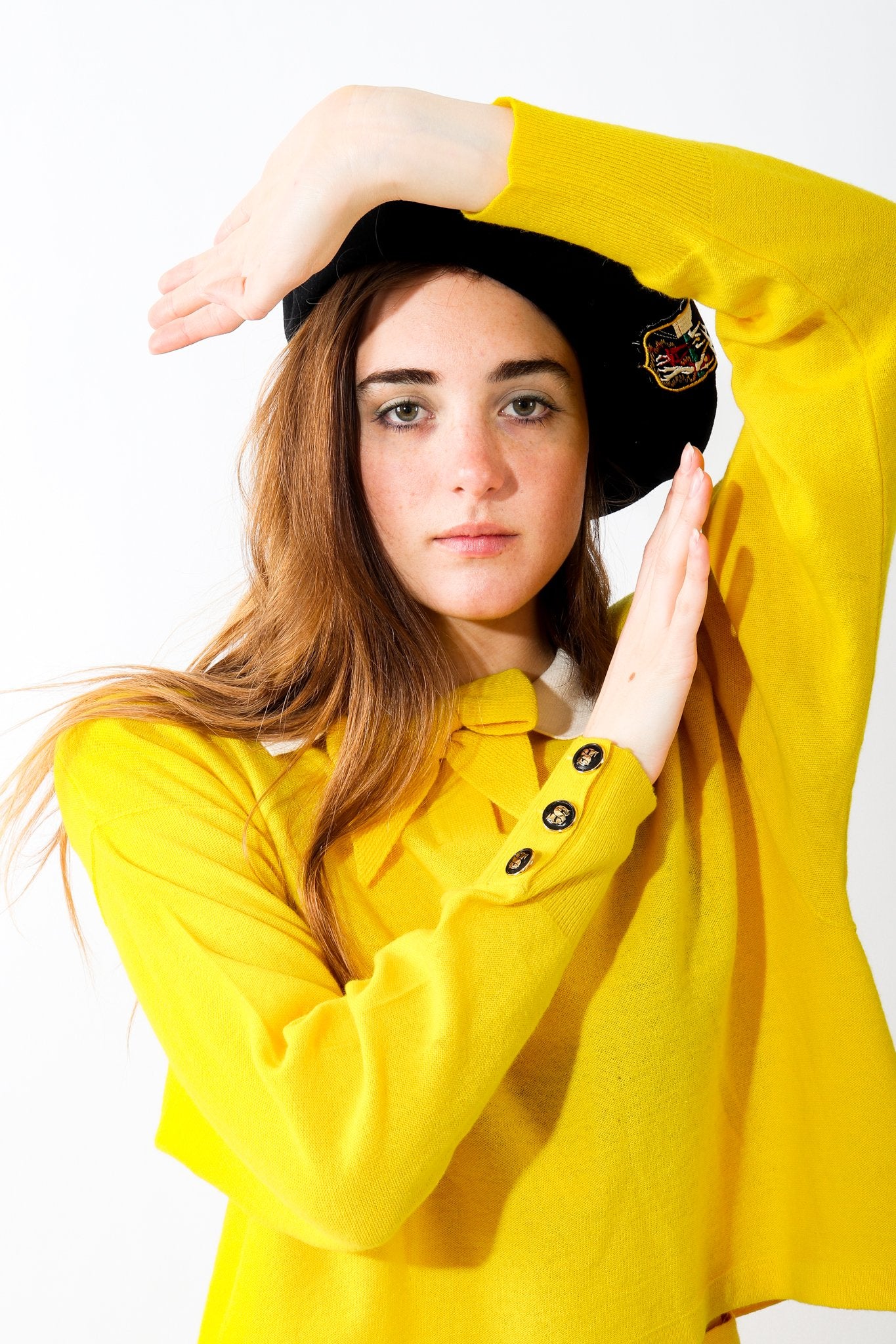 Girl in Vintage Sonia Rykiel Yellow Bow Collared Swing Sweater and Beret
