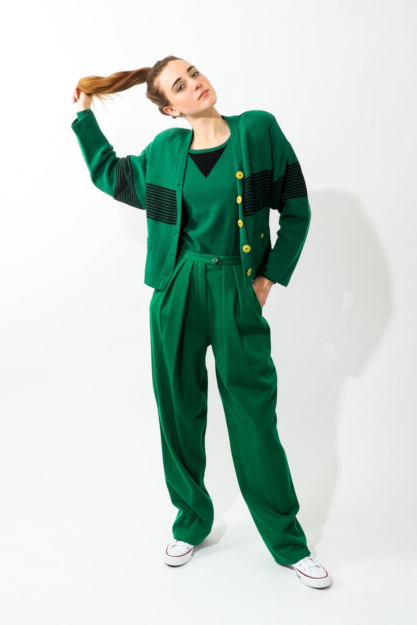 Girl wearing Vintage Sonia Rykiel Green Collegiate Cardigan & Pant Set at Recess