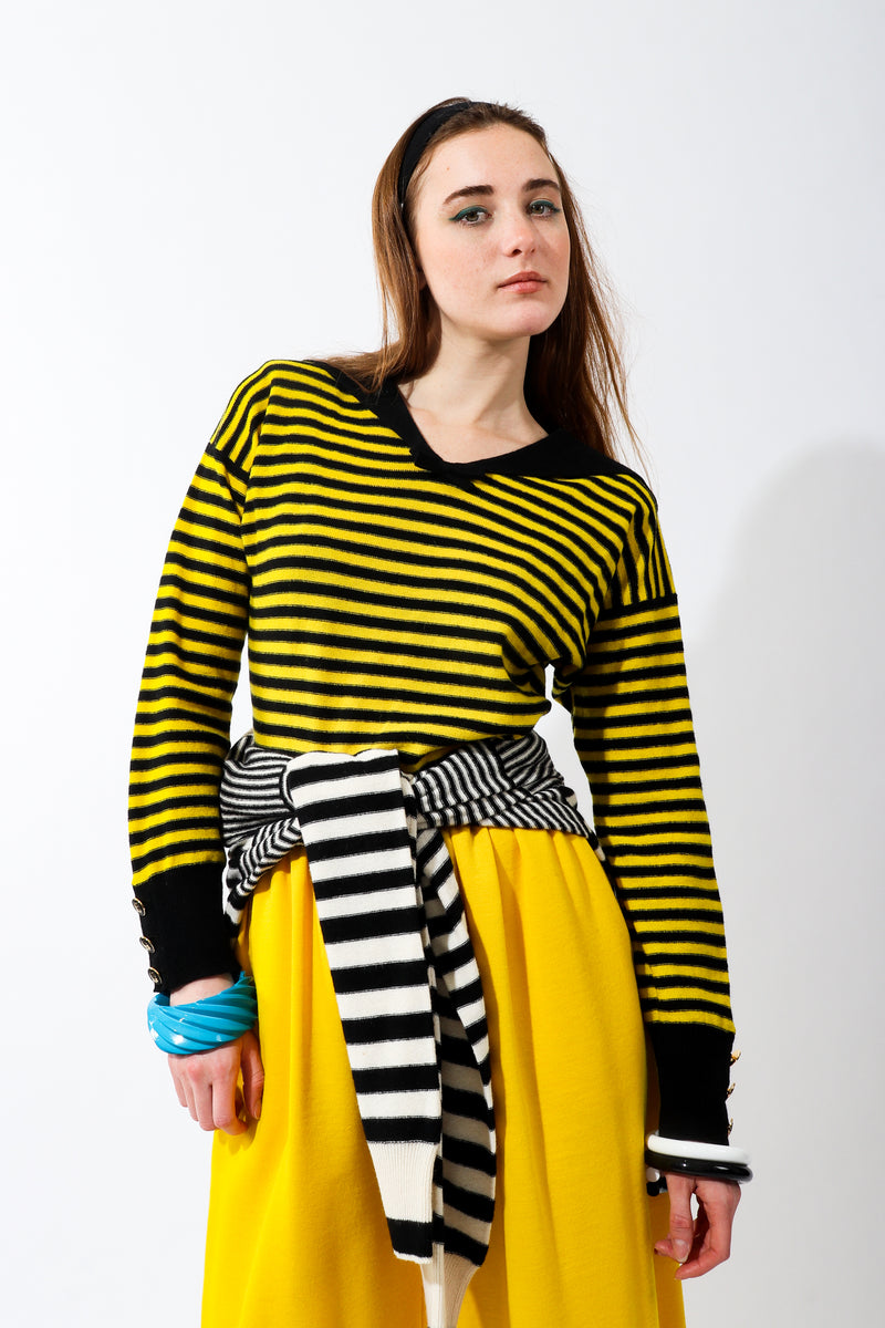 Girl wearing Vintage Sonia Rykiel Yellow Stripe Knit Sailor Sweater and yellow pants