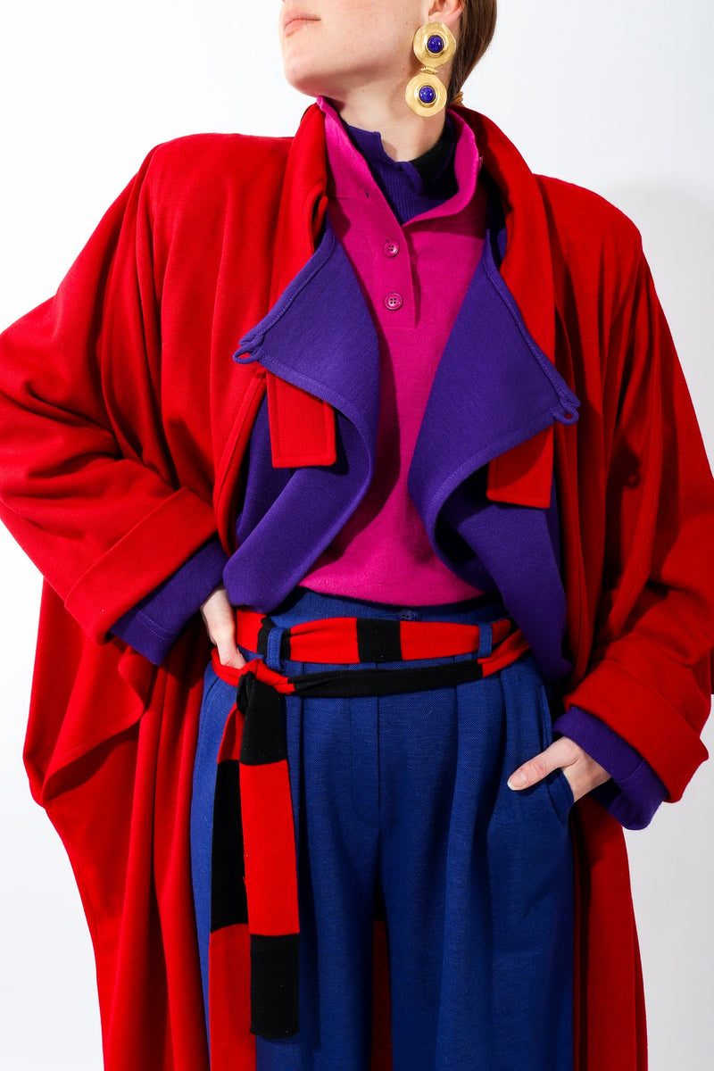 Girl in Vintage Sonia Rykiel Magenta Knit Popover Sweater layers of Purple and red coats