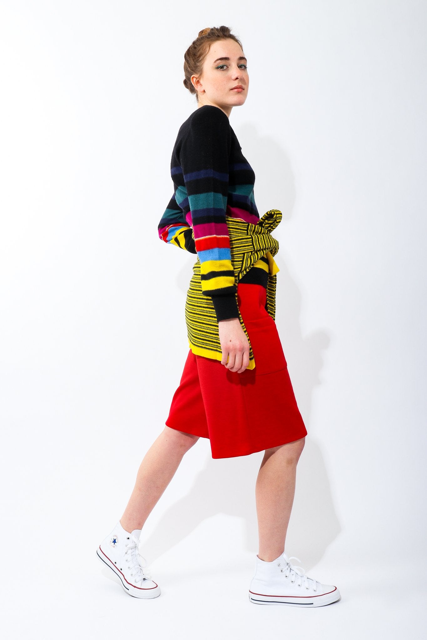 Girl Wearing Vintage Sonia Rykiel Red Knit Bermuda Walking Shorts and striped sweater with converse