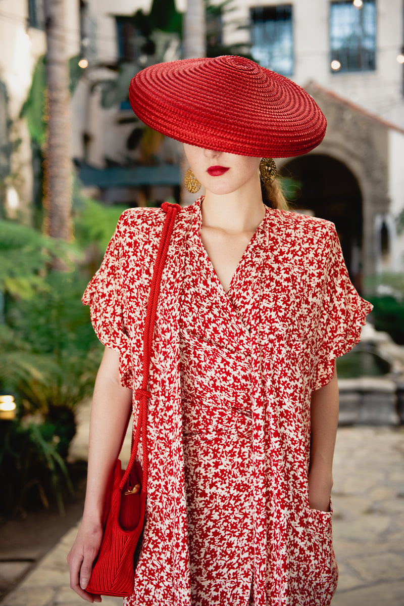 Girl Wearing Vintage Sonia Rykiel Jacket & wrap top with red hat in Los Angelesa