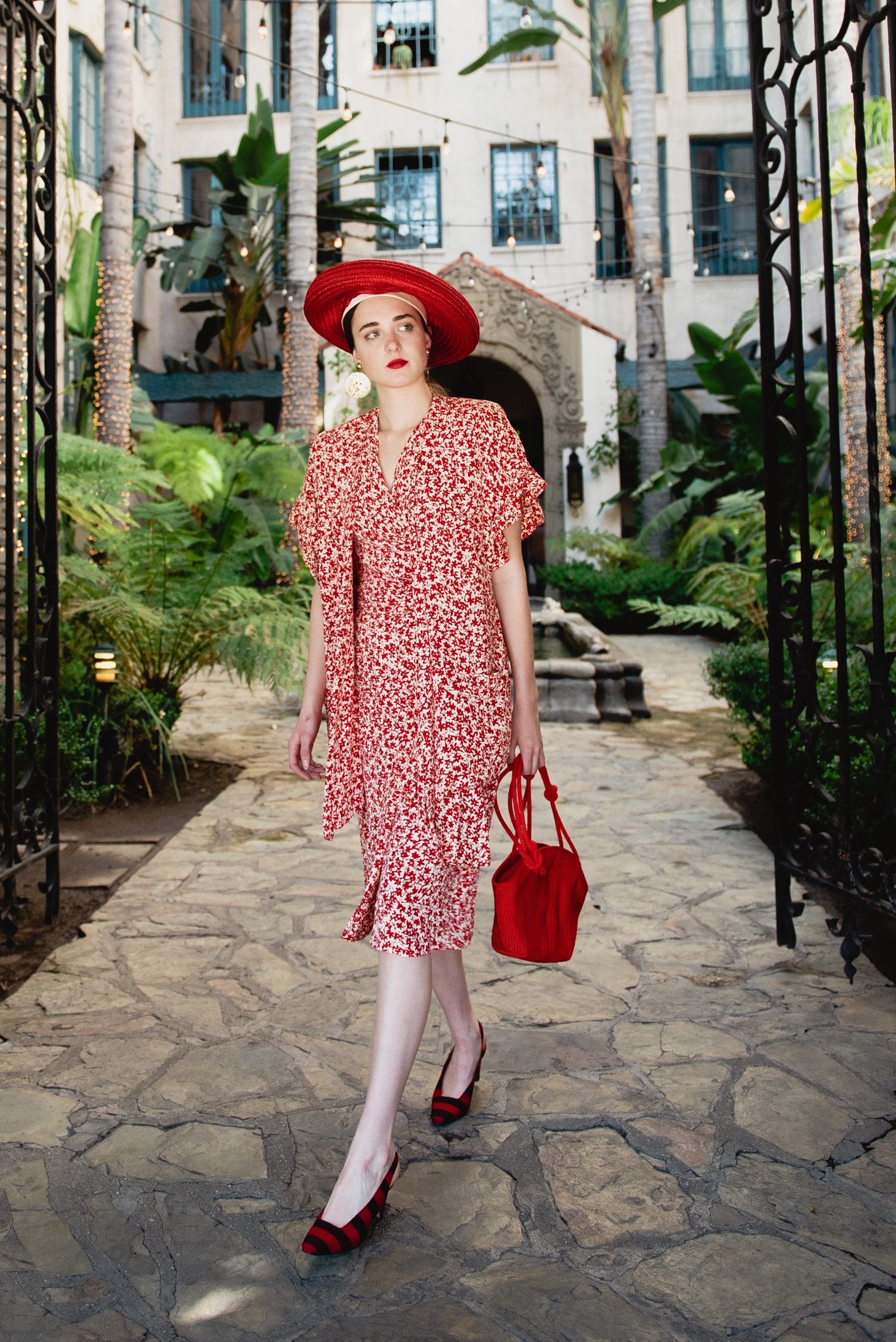 Girl Wearing Vintage Sonia Rykiel Jacket & Skirt Set and red hat in Los Angelesa