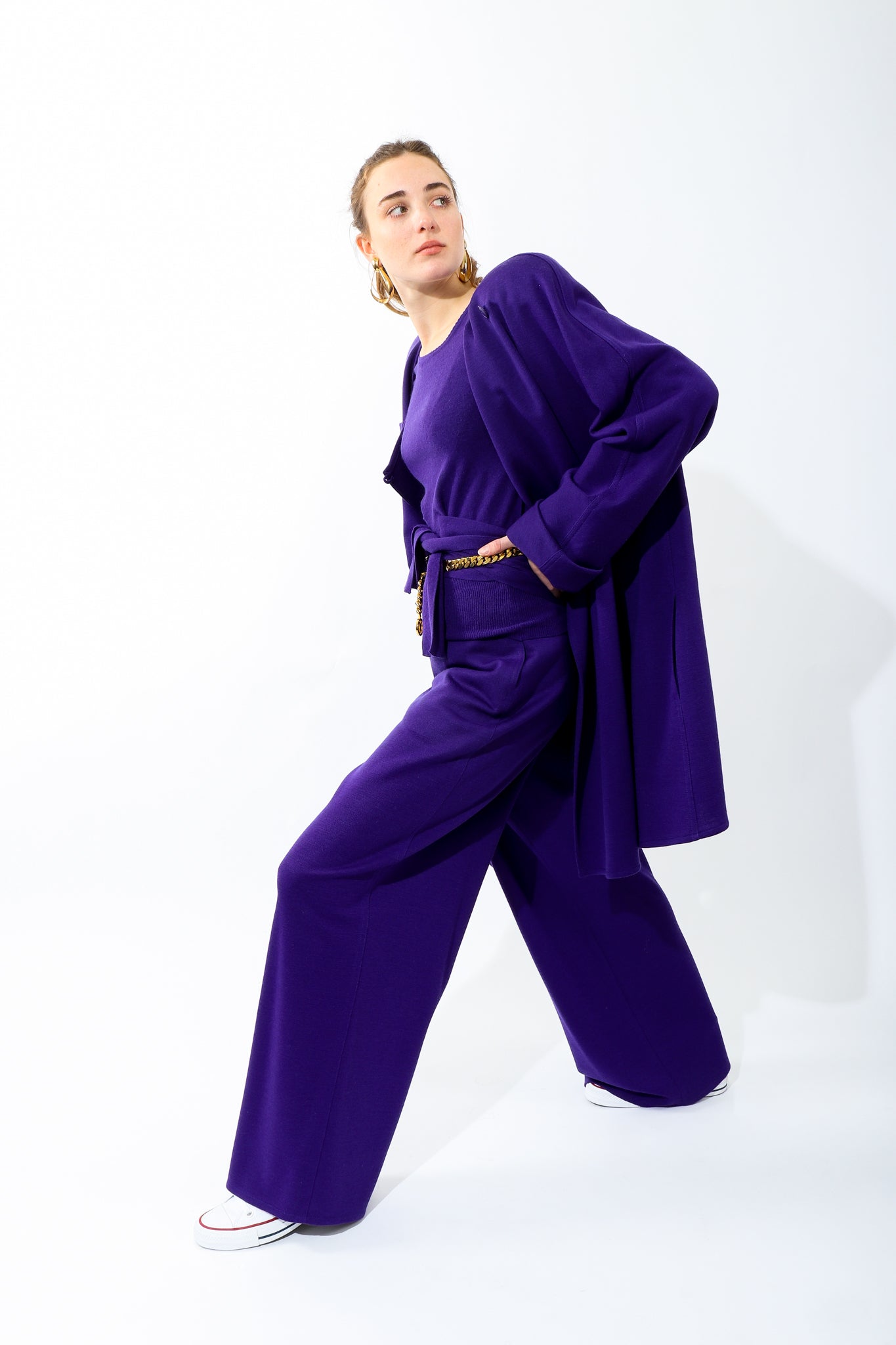 Girl wearing Vintage Sonia Rykiel Purple Knit Inverted Pleat Pant with matching coat