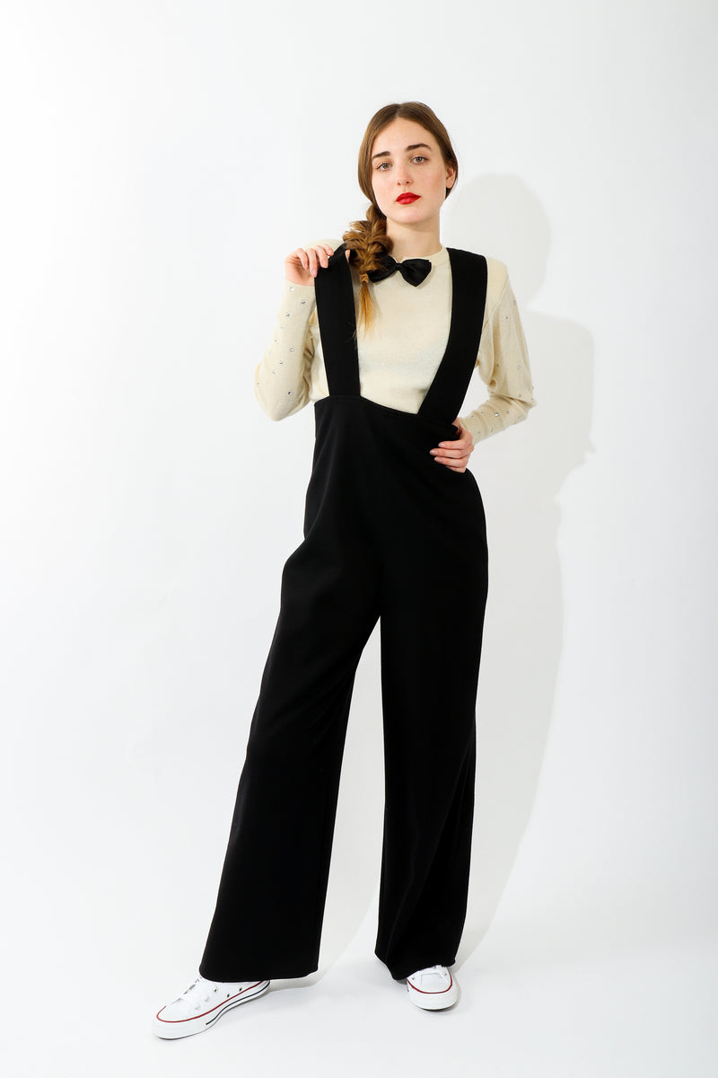 girl wearing Vintage Sonia Rykiel Black Knit Suspender Pant with cream bow sweater