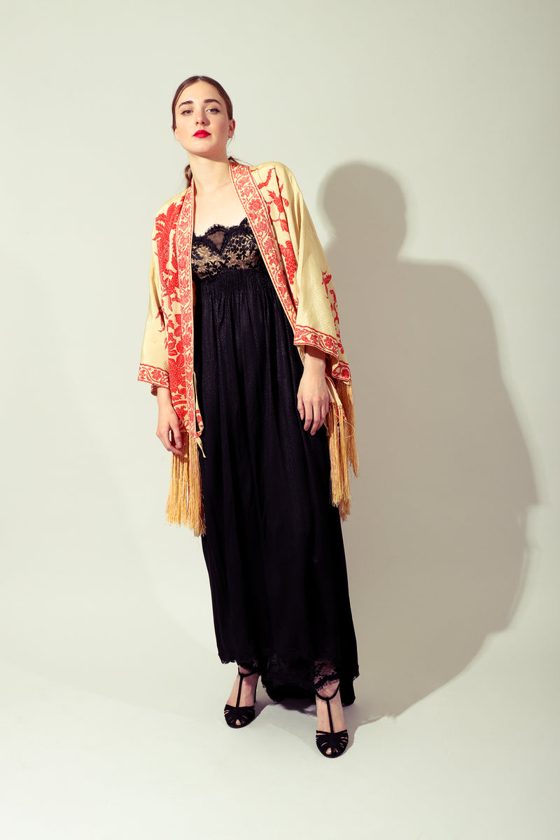 Girl in Vintage Geoffrey Beene Strapless Lace Empire Dress and kimono at Recess Los Angeles