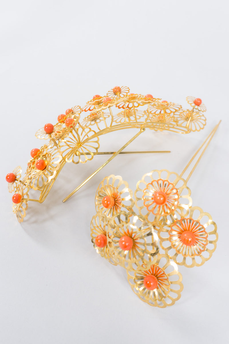 Japanese Vintage Flower Crown Headpiece & Hairpin Set