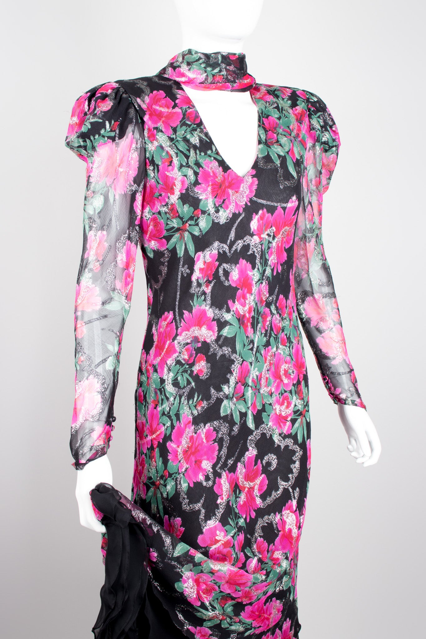 Judy Hornby Bias Cut Chiffon Floral Choker Scarf Neck Dress
