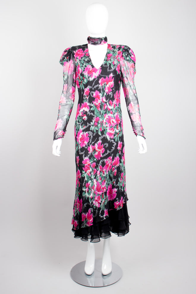 Judy Hornby Bias Cut Chiffon Floral Choker Scarf Neck Dress