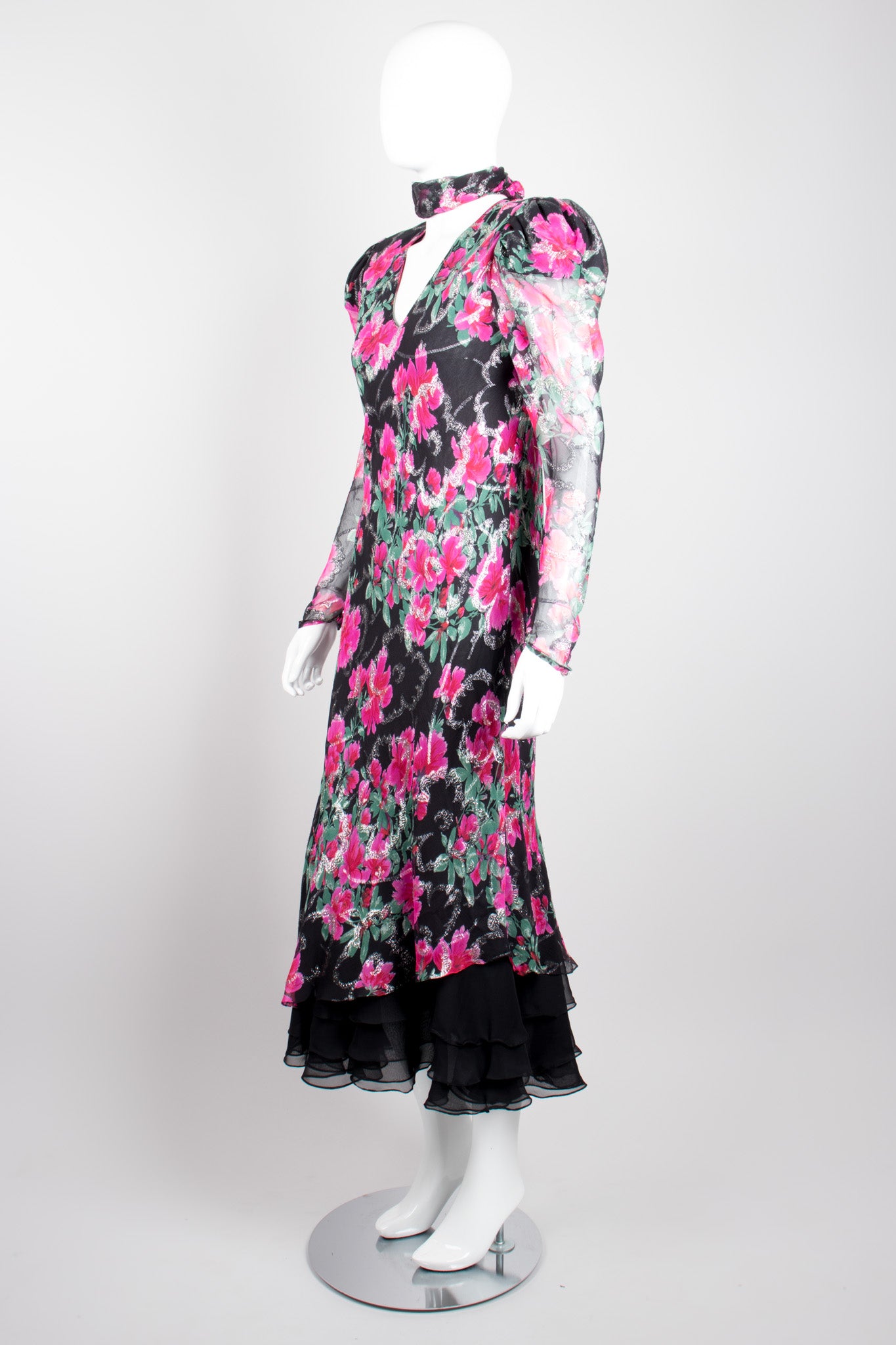 Judy Hornby Bias Cut Chiffon Floral Choker Scarf Neck Dress