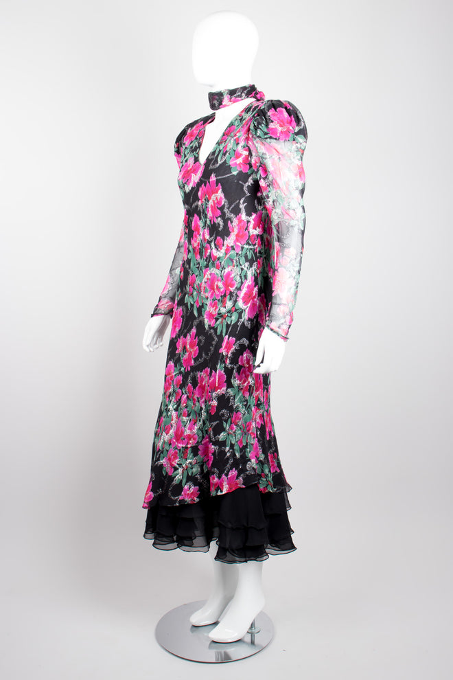 Judy Hornby Bias Cut Chiffon Floral Choker Scarf Neck Dress