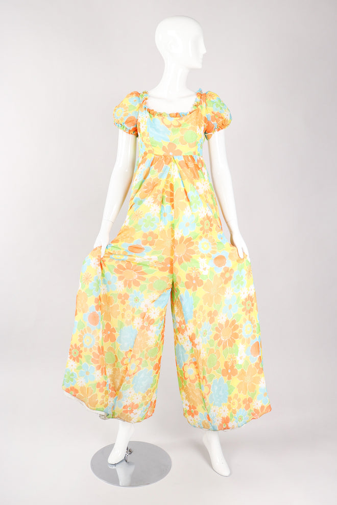 Recess Los Angeles Vintage Yellow Floral Chiffon Wide Leg Jumpsuit