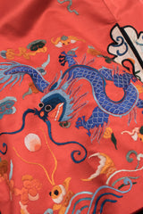 Vintage Coral Chinese Dragon Carp Embroidered Jacket