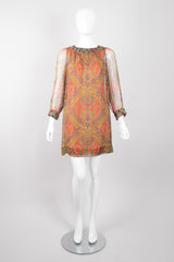 Adele Simpson Jeweled Paisley Silk Chiffon Shift Dress