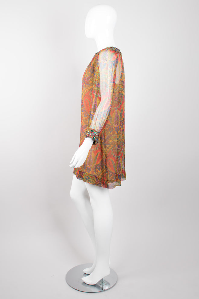 Adele Simpson Jeweled Paisley Silk Chiffon Shift Dress