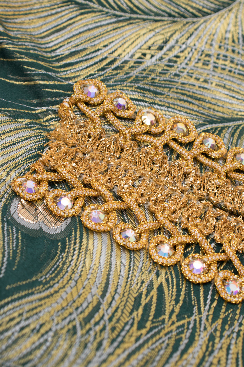 Fashioned by Mildred of Covina Emerald Gold Metallic Brocade Peacock Dress Recess Fashioned by Mildred of Covina Emerald Gold Metallic Brocade Peacock Dress Recess